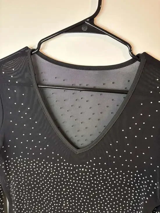 Talent Rhinestone Studded Mesh Long Sleeve Bodysuit in Black M/L - Picture 6 of 11